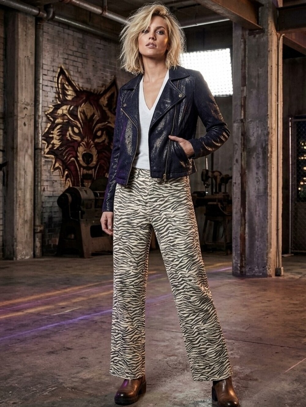 121 2-Piece Styled Bundle Moto Jacket & Zebra Wide Leg Pants Set
